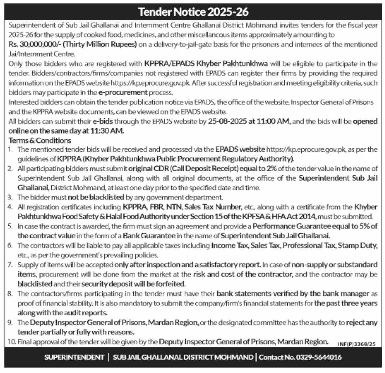 Sub Jail Mohmand Tender Notice